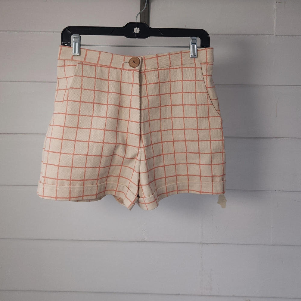 Dusen Dusen Grid Print High Waisted Cotton Shorts Size 6 Cream Orange Windowpane